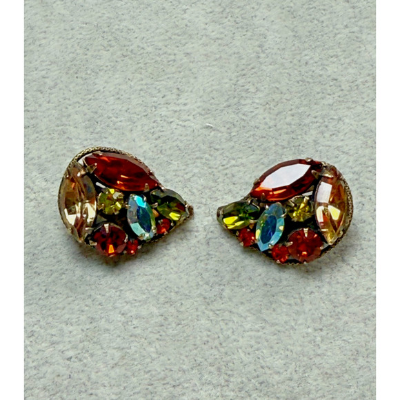 Vintage Fall Tones Rhinestone Clip Earrings UV Uranium Glow Green Orange Red - Picture 4 of 6